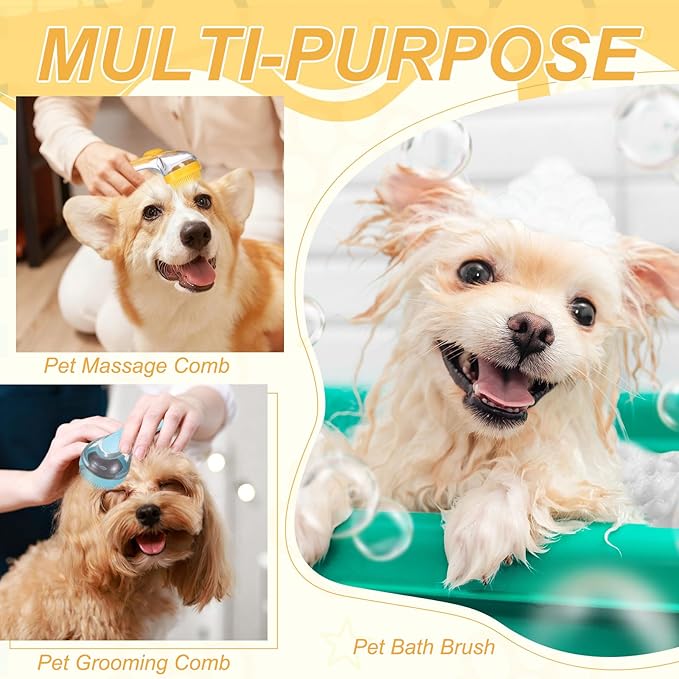 Pet Bath Brush, Dog Shampoo Brush New 2 in 1 Grooming Massage Scrubber Bubble Maker with Ring Built-in Shampoo Dispenser(Fine Bristled,Blue), for Long Short Hair Cats Shower