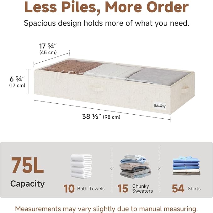 StorageWorks 7 Inch Low Profile Under Bed Storage Containers with Clear Lid | Reinforced Structure, Resists Sagging, Handles & Label Holder, Foldable Stackable Closet Storage for Clothes, Blankets, Toys