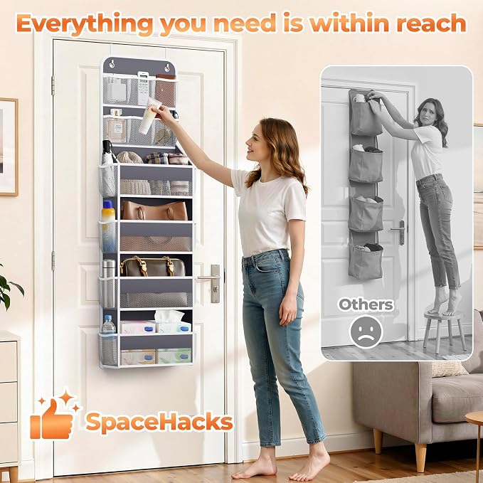 SpaceHacks 6-Tier Over the Door Organizer with Mesh Pockets, Baby Nursery Storage for Closet, Bathroom and Bedroom, Adjustable Hanging Closet Organizer for Cosmetics, Books and Essentials (Dark Grey)