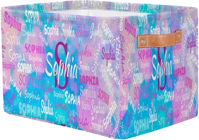 Personalized Storage Bins, Customized Name Storage Basket Rectangle Clothes Organizer for Organizing Kids and Pets Toys Shelf Closet, Blue Pink Galaxy Watercolor
