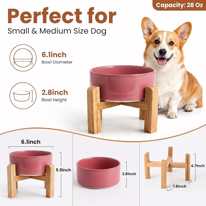 hjn Elevated Ceramic Dog Bowl with Bamboo Stand, Raised Pet Feeding Station for Small Medium Dogs Cats, Modern Design with Anti-Slip Base (Deep Pink, 3.6Cup)