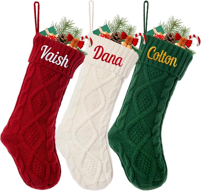 Personalized Christmas Stocking Large Custom Knitted Embroidered Name Xmas Stocking for Family Kids Pets Fireplace Party Decor