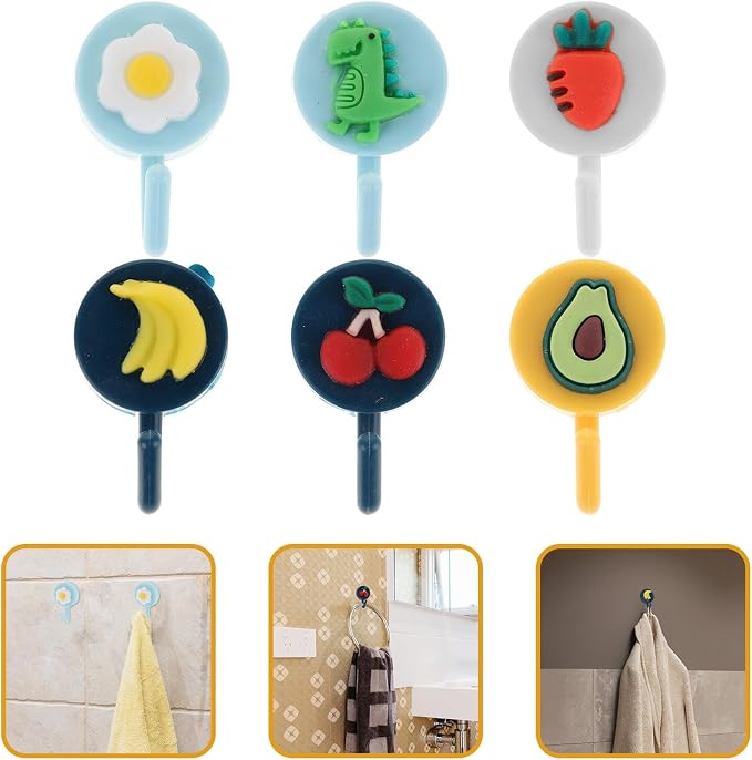 12 Pcs Cartoon Fruit Animal Punch-Free Wall Hangers Self-Adhesive Hooks Reusable Wall-Mounted Key Holders for Home Storage and Organization