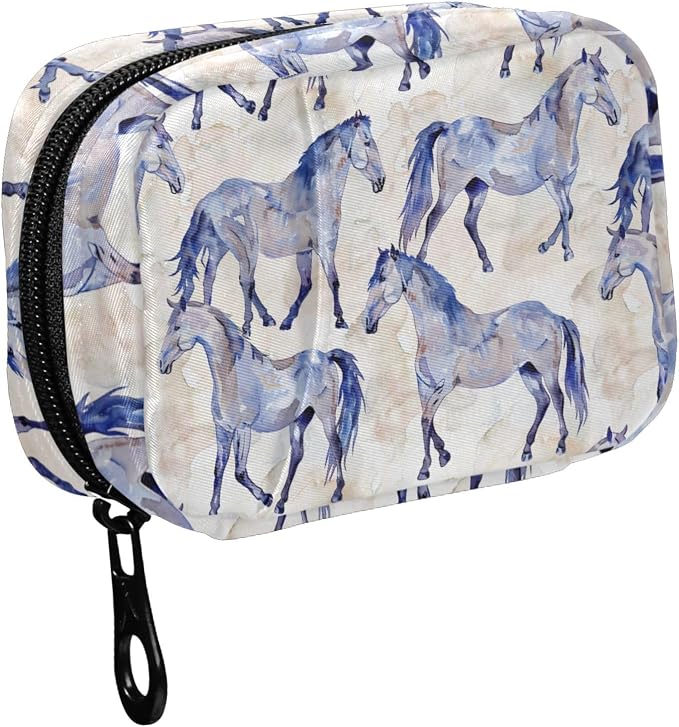 Fustylead Watercolor Hand Draw Beautiful Horses Pill Organizer for Purse, Weekly Portable Pill Box with Zipper to Storage Vitamins Fish Oils Medications Supplements