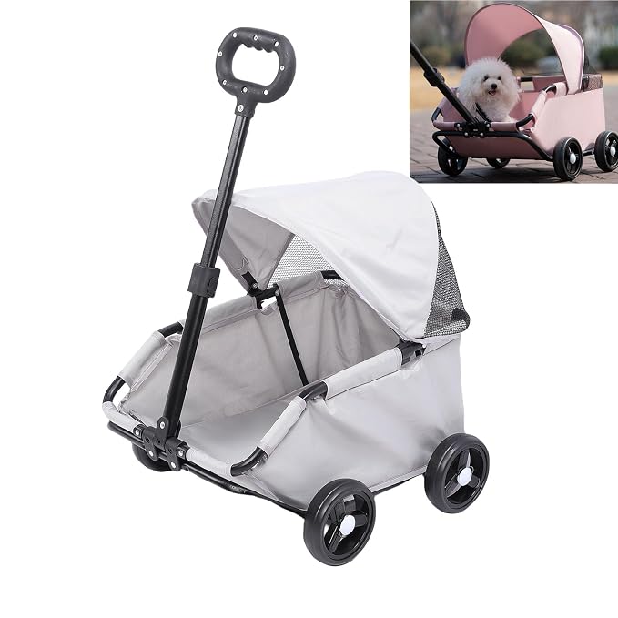 banapoy Foldable Pet Stroller with Canopy, 4 Wheels Pet Strolling Cart for Small Dogs Cats, Lightweight Easy Assembly, 1 Hand Fold, Outdoor Use (Gray)