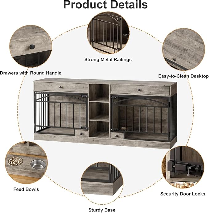 Dog Crate Furniture for 2 Dogs, Double Dog Crate TV Stand, Gray | 78.7'' Large Dog Kennel Indoor, 2 Storage Drawers, 3 Shelves and Feeding Bowls, Pet Kennel for Small and Medium Dogs
