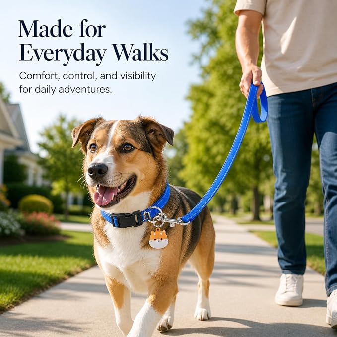Reflective Soft Neoprene Padded Matching Dog Collar with Leash Airtag Holder Case Set Safety Breathable Adjustable Nylon Dog Collars for X-Small Small Medium Large Dogs-Navy Blue-S