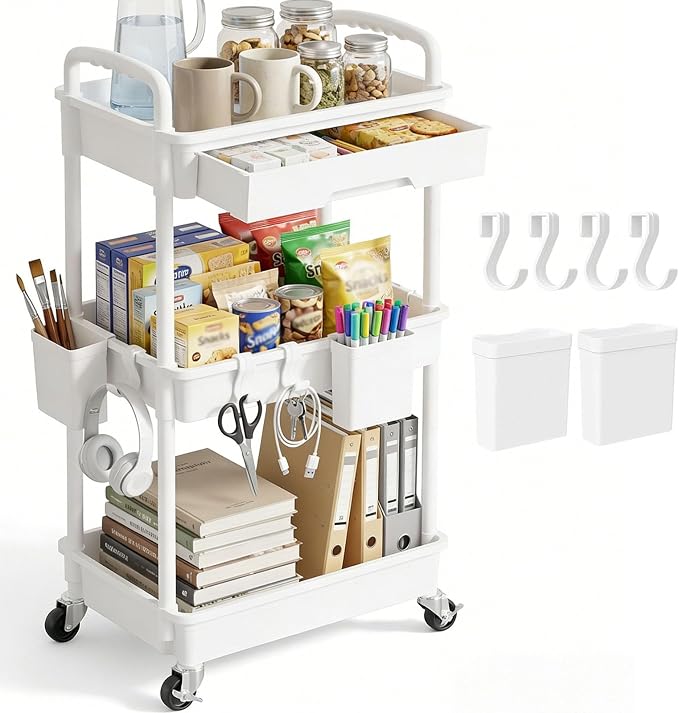 3 Tier Rolling Utility Cart with Drawer, Plastic Storage Organizer Rolling Carts with Wheels Handles Hanging Cups Hooks for Office, Bathroom, Kitchen,Craft Art Room (White)