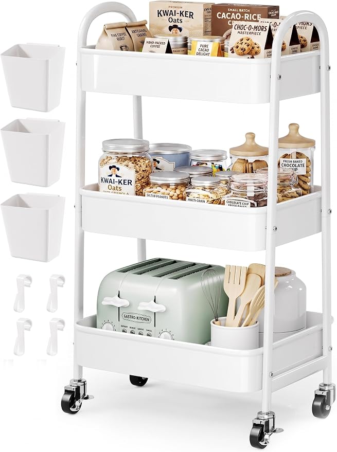 3 Tier Rolling Cart Metal with Wheels, Heavy Duty White Three Tiered Craft Cart Organizer on Wheels, Utility Roller Storage Carts for Art, Baby Nursery, Diaper Caddy, Snack,Book,Nail,Cleaning Supplies