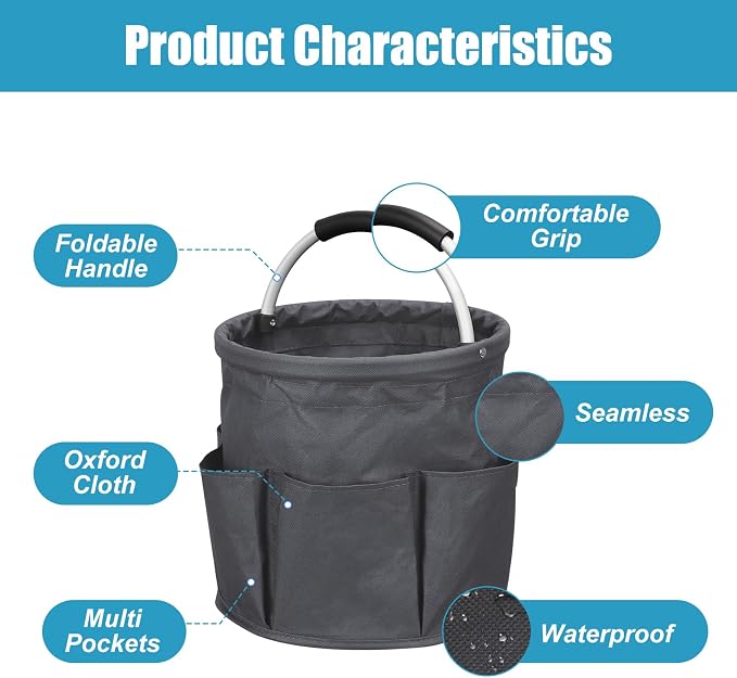 17L Portable Cleaning Bucket Organiser, 6 Pockets Foldable Cleaning Caddy with Handle Wearable Cleaning Caddy Bag for Outdoor Camping Garden Harvest Basket Home Bathroom Storage (Dark Gray)