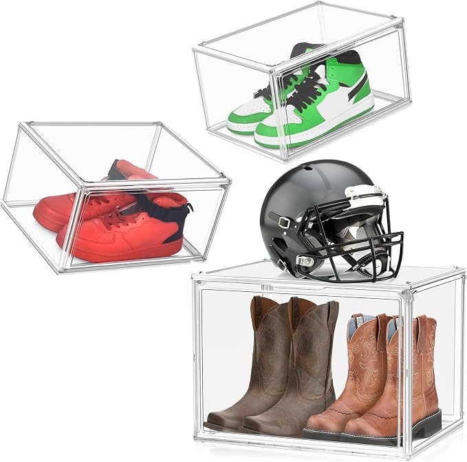 3Pcs, 1 Pcs XXX-Large Size Box and 2 Pcs Large Clear Storage Boxes, Acrylic Sneaker Shoe Display Case Size 13,Size 14, Size 15