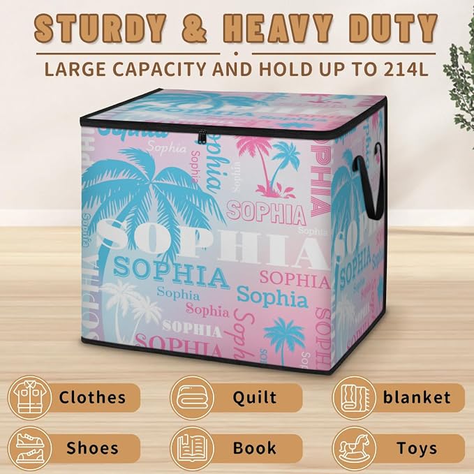 Personalized Name Foldable Storage Basket Cubes with Lid, Clothes Pet Toys Storage Bin with Handles for Shelf Home Closet Kitchen, Light Blue White Palm Trees Light Pink White Background
