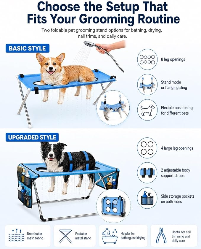 Dog Grooming Hammock Stand, Foldable Dog Bath Holder Sling Shower Chair | Heavy-Duty Pet Bath Stool for Small & Medium Dogs, Home Salon Grooming, Washable Mesh, Joint Support & Restraint(Blue,Base)