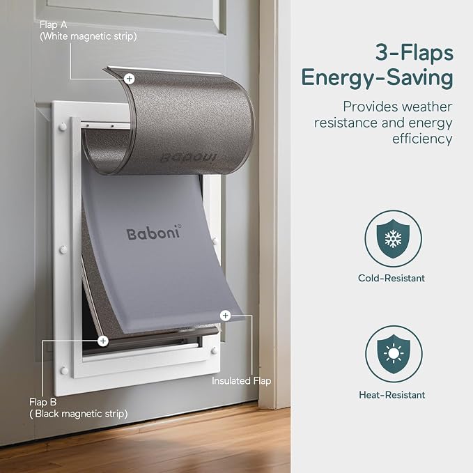 Baboni Dog Door for Door,Durable Plastic Frame,Large | Pets Up to 100 Lb,for Interior and Exterior Doors,Aluminum Lock,Metal Panel,Strong Magnetic Flaps, Never Rust