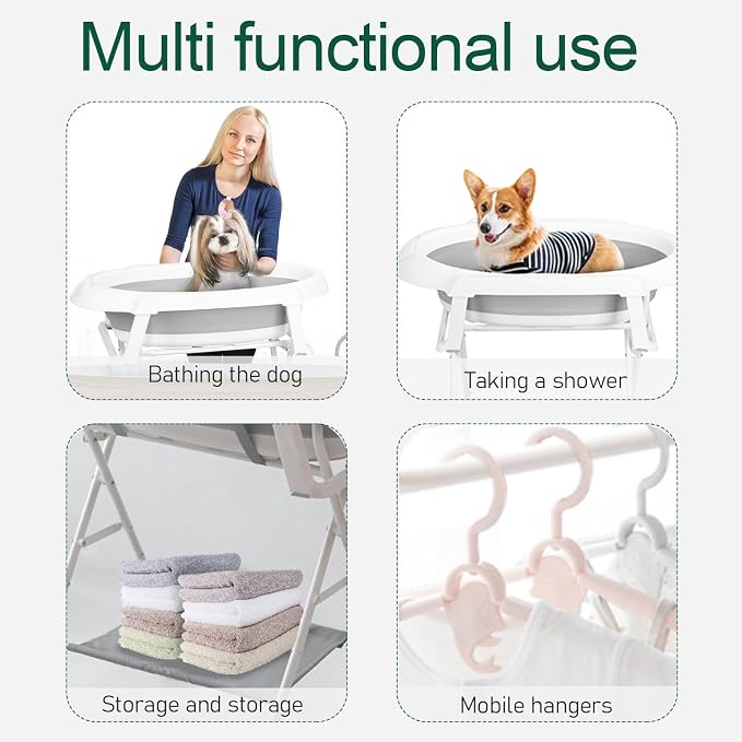 2 in 1 Dog Bathtub Dog Washing Station with Storage Rack Foldable Pet Bath Tub for Bathing and Grooming Collapsible Portable Cats Shower Bathtub with 3 Gears Adjustment & 4 Casters Grey