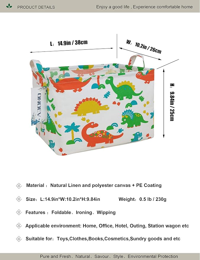 Rectangular Dinosaur Laundry Storage Bin for Adults and Kids | Damp resistant canvas fabric, sturdy stitched carry handles, foldable design organizes closet and playroom daily supplies