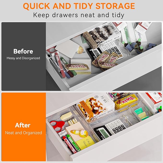 12 Pack Large Clear Plastic Drawer Organizer Trays | MULTI-USE Acrylic Drawer Storage for Kitchen, Bathroom, Makeup, Office, School, Undies | College Dorm Room, Home Apartment Essentials