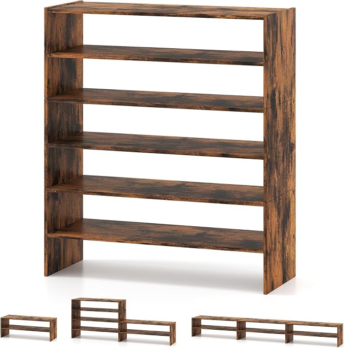 COSTWAY 6-Tier Shoe Rack, Extra Wide Shoe Shelf Organizer | Stackable Design, 31" Freestanding Adjustable Storage Shoe Stand for Small Space Entryway Hallway Closet (1,Rustic Brown)