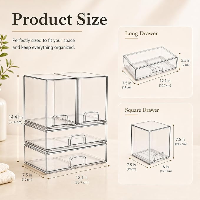 Clear Stackable Storage Drawers: Acrylic Organizer Bins 4 Pack | for Baby Bottle makeup Ideal for Countertop, Vanity, Station, Bathroom, Kichen Cabinet Pantry Organization