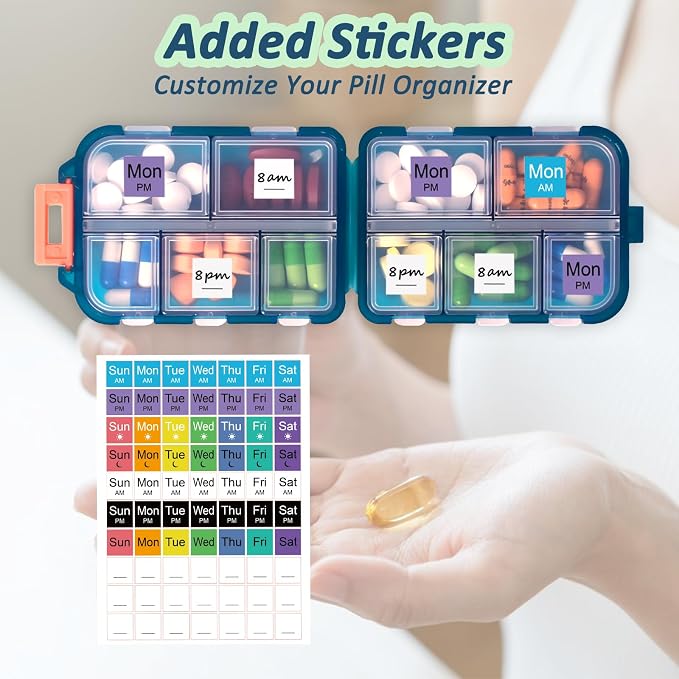2 Pack Pill Organizer Travel Case - 10 Compartments Portable Medicine Container with 330 Labels, Double Lock Design (Blue & Chocolate, 2 Boxes)