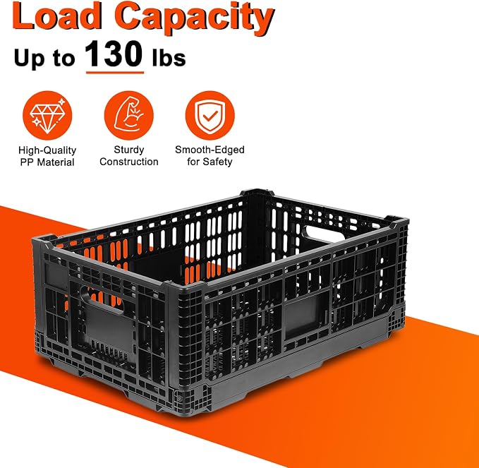 52L Milk Crate, Plastic Storage Crate with Handles, | Hold 130 lbs Per Bin, Large Collapsible Storage Bins for Home Organizing, Tools, Books, Camping & Transport