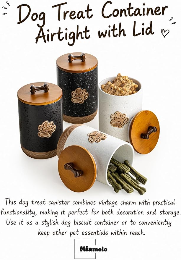 Miamolo Dog Treat Storage Container for Kitchen Counter, Lock in Freshness | Ceramic Jar with Airtight Seal Lid, Puppy Treats Food Canister | Farmhouse Decor, Doggie Cookie Jar Gift, Paw Glinting Black