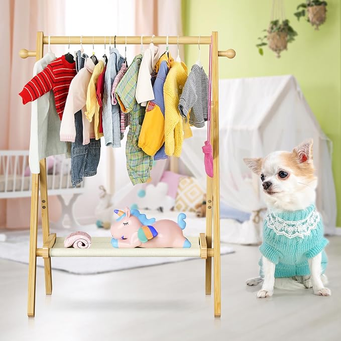 BAMBOOHOMIE Baby Clothing Rack for Baby Shower Pets Dolls, Baby Clothes Rack with Storage Shelf & Double Rods, Toddler Clothes Rack, Mini Closet Baby Shower Rack (Natural)