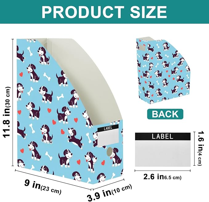 SPRIPORT Cute Pets Puppies Blue Print Water Repellent PP Magazine File Holder Organizer for Desk, Collapsible Storage Rack for Office Library School Document Sorter with Labels 23x30x10cm (3 Pack)
