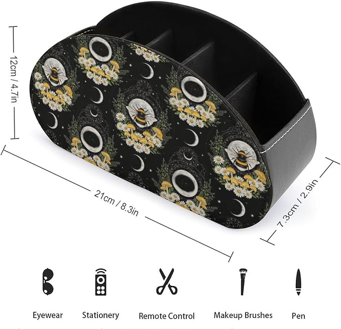 Remote Control Holder for Table Witchy Moon Floral Bee Desktop Storage Box | Makeup Brush Caddy with 5 Compartments, Witchy Gothic Moon Mushroom Floral Bee Bedside Table Organizer Office Supplies