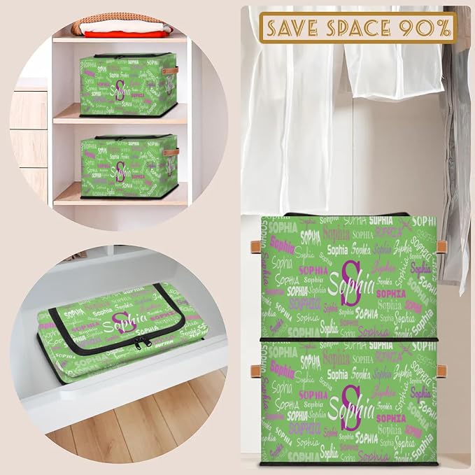 Custom Storage Baskets for Kids with Name, Light Grass Green Background Large Foldable Organizer Collapsible Storage Bin with Zipper Lid Leather Handle for Home Toys Closet Nursery