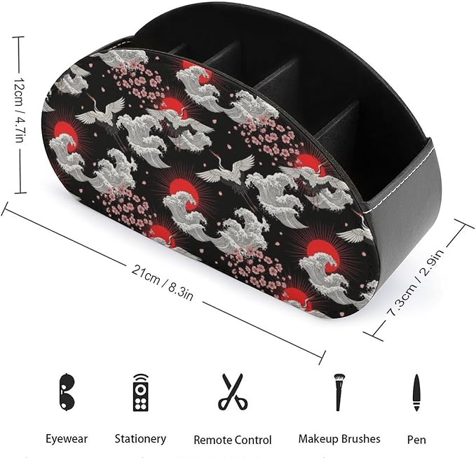 5 Compartment Remote Control Holder Ocean Cherry Floral Storage Caddy Box | Desktop Organizer, Vintage Crane Animal Red Sun Ocean Great Wave Anime Japanese Cherry Floral Blossom, for Media Player