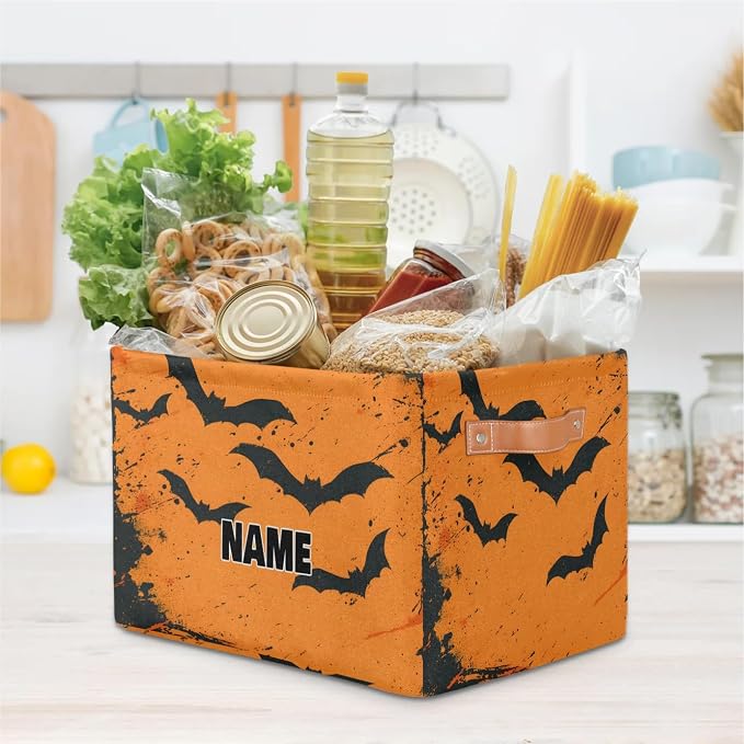 Personalized Storage Bins for Boys, Customized Name Watercolor Ink Orange Black Bat Storage Basket Rectangle Clothes Organizer for Organizing Kids and Pets Toys Shelf Closet