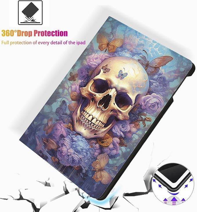 for Microsoft Surface Go 4/3/2/1-10.5" 2021 Tablet Case,Auto Wake/Sleep,Adjustable Stand Protective Cover - Skull Butterfly Flower