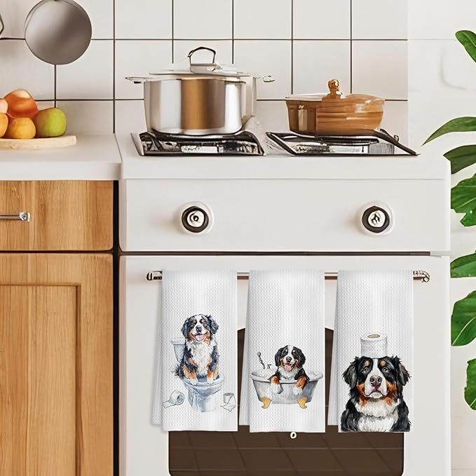 Funny Bernese Mountain Dog Bathroom Hand Towels Set of 3, Bernese Mountain Dog Gifts, 16x24 Inch Cotton Kitchen Cloths