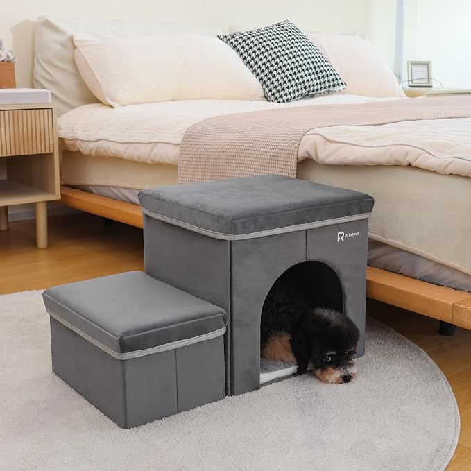 Foldable Pet Stairs with Cozy House & Storage | 2-Step Dog Stairs for High Beds and Couch, Non-Slip Dog Steps for Small & Medium Dogs, Cats, Puppies, Grey