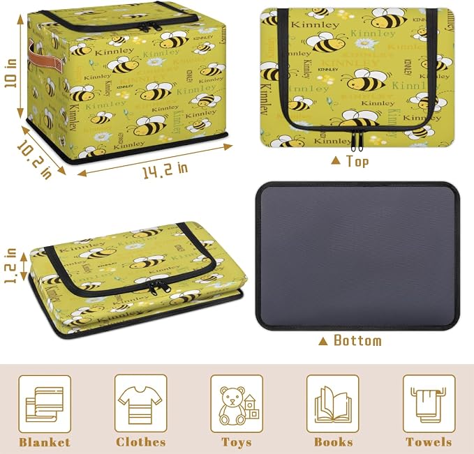 Custom Storage Baskets with Zipper Lid, Personalized Cartoon Bee with Daisy Floral Lemon Yellow Storage Bins Boxes PU Handles for Clothes Bedroom Closet Organizing Toys Books Shelves