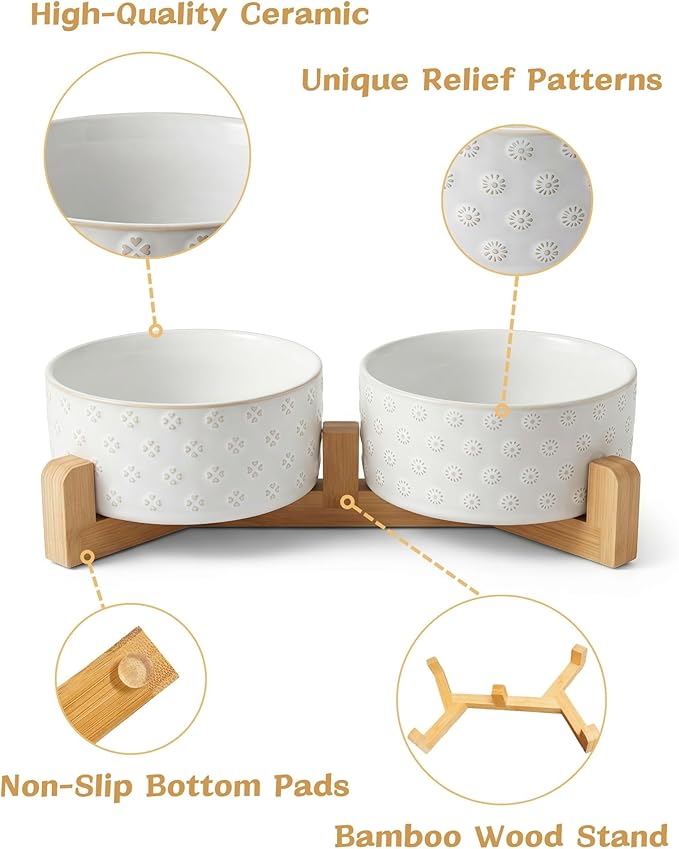 TRUVIC Ceramic Dog Bowl Set of 2 with Wood Stand, Jun Blanc Daisy & Clover Relief Dog Food and Water Bowl Set, 3.5 Cup/28 oz Puppy Food Bowls for Medium Dogs, Dishwasher Safe