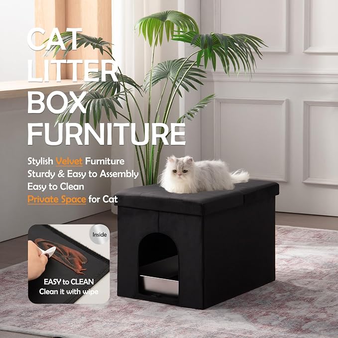MEEXPAWS Cat Litter Box Enclosure Furniture L Velvet Lift Design Lid | Large Hidden Cat Washroom Bench Ottoman, Storage Cabinet Dog Proof,Urine Proof, Easy Clean, Quick Assembly, Black