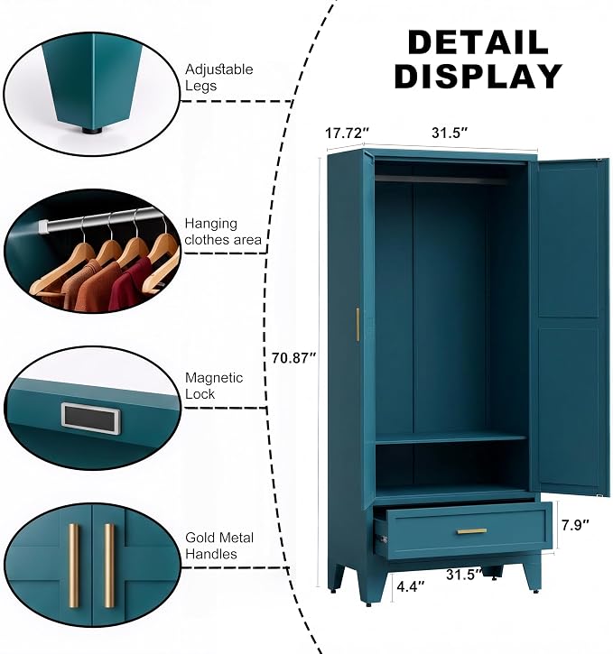 71" H Blue Storage Cabinets,Metal Storage Cabinets,Garage Cabinet,Broom Closet Storage Cabinet,Utility Cabinet