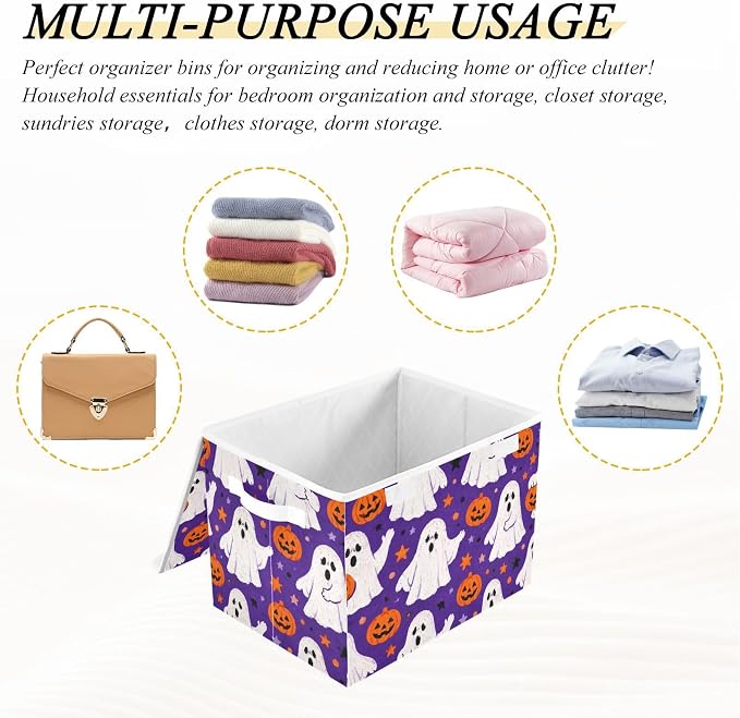 Halloween Ghost Storage Bins with Lids Closet Bedroom 40L Fabric Bin | Decorative Storage Boxes, Foldable & Stackable, Dust-Proof Flip Top, Reinforced Handles, For Home & Dorm, Clothes & Toy Box