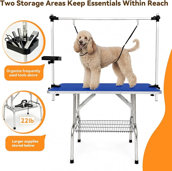 46'' Stainless Steel Dog Grooming Table, Foldable Pet Grooming Stand, Adjustable Arm, 2 Nooses & 2 Storage Baskets, Anti-Slip Top, Capacity, Medium Large Dog Cat Home Salon, Blue