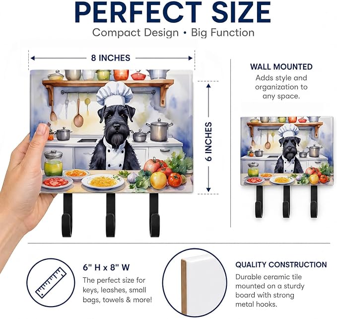 Caroline's Treasures Giant Schnauzer The Chef Leash or Key Holder Wall Hooks, Key Hooks Holder, Coat Rack Wall Mount, Coat Hooks, Hooks for Hanging Keys, Towels, Aprons, Leashes | Giant Schnauzer The Chef artwork on ceramic tile with three steel hooks ...