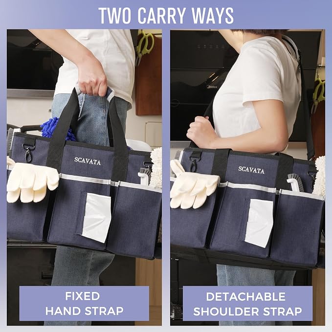 SCAVATA Wearable Caddy Bag, Cleaning Supplies Organizer With Handle & Shoulder Straps for Housekeepers, Under Sink & Car Tool Organizers With 4 Foldable Divider (NavyBlue)