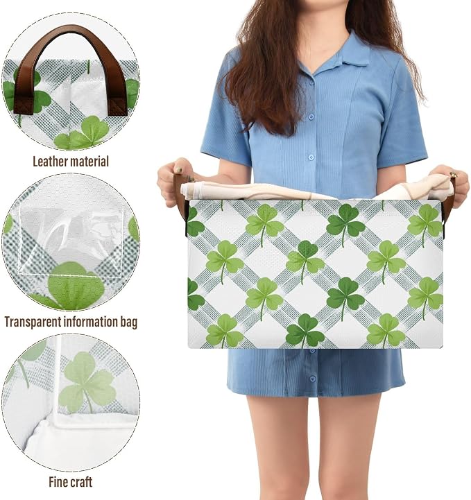 Plaid Shamrock Clover St Patricks Day Storage Basket Foldable Cube Storage Bins with Handles&Label Waterproof Organizer Box Bin Large Rectangle Decorative Baskets for Shelves Home Room Laundry-2 Pack