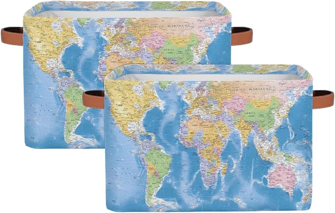 World Map Storage Basket Collapsible Cloth Storage Cube Bin Organizer | Collapsible Cloth with Handles Rectangular Toys Nursery Bedroom Home Office