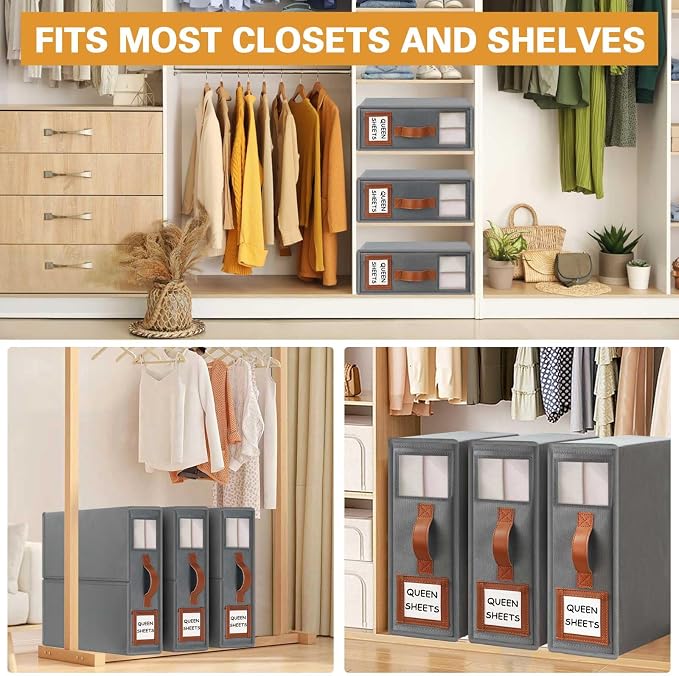 GhvyenntteS Bed Sheet Organizers and Storage, 4 Pack Closet Organizer | Foldable 800D Thickened Fabric, Clear Window & Labels, Leather Handle, Dust & Moisture Proof, Fits King & Queen Sheet Sets