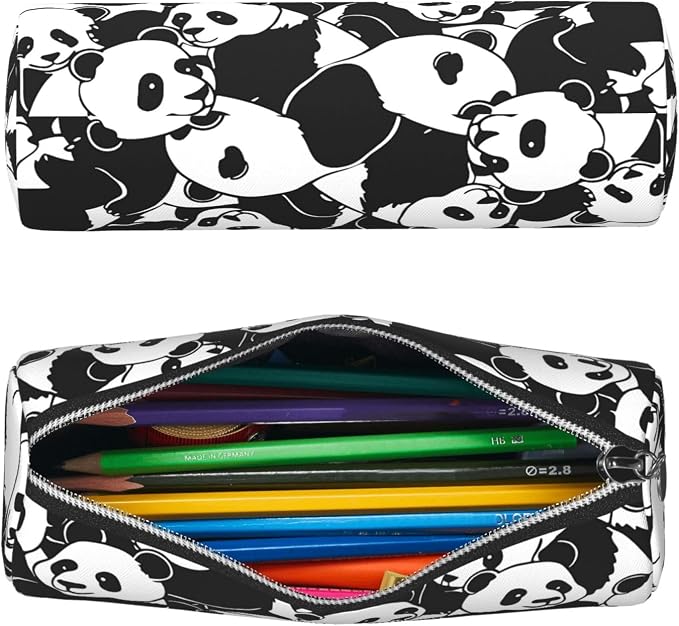 OSAM SPACE Leather Pencil Case Round Pencil Bag Cute Panda Pen Organizer Holder Portable Zipper Pouch Cute School Supplies for Girls Boys Study Office