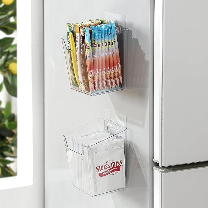 2-Pack Kitchen Cabinet Door Organizer Adhesive, Drink Packet Organizer | Hanging Storage Bins, Stick on Small Wall Storage Container, Clear Bathroom Under Sink Caddy Spice Rack for Pantry Organizer