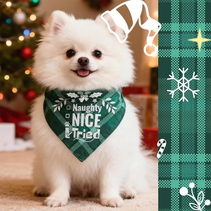 Christmas Dog Bandanas Pets Funny Holiday Costume Gift Xmas Stocking Stuffers - Naughty Nice I Tried, Green Plaid, Extra Large Breed, 75lbs+