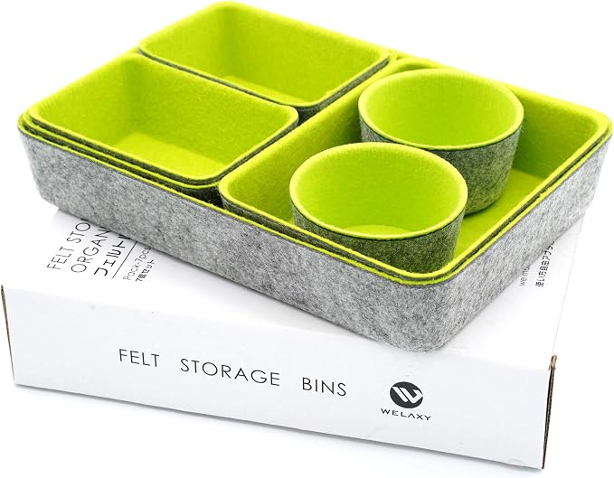 Welaxy Felt Drawer Organizer Bin 7 pc Green Desk Nightstand Catchall Tray